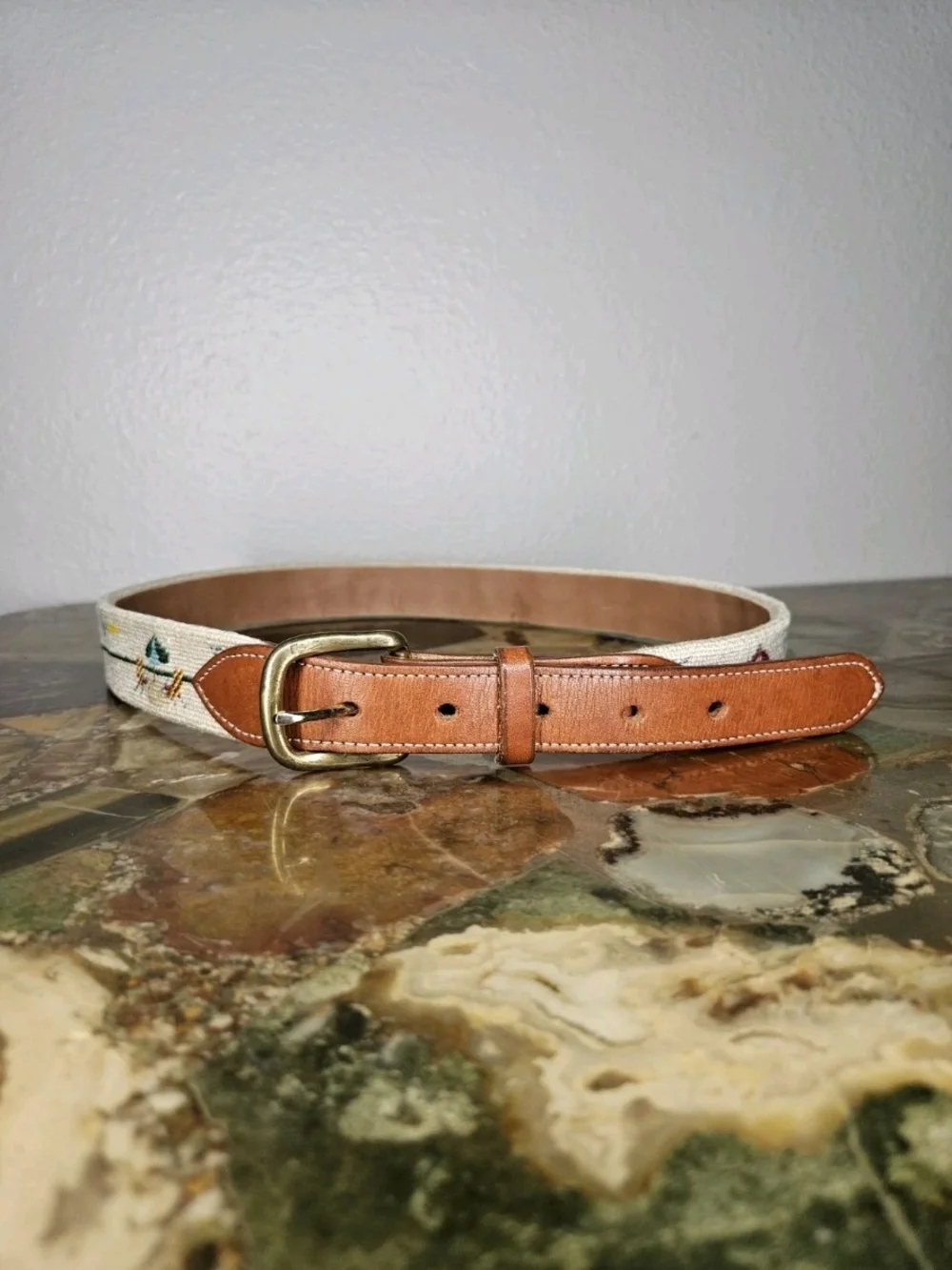 Vintage Needlepoint Belt With Beach Vibes Brass Buckle Size 33